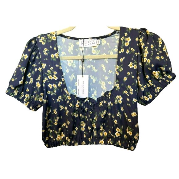 Resa Women's Navy Blue Yellow Floral Daisy Crop Top Size Small NWT Scoop Neck - Picture 1 of 4